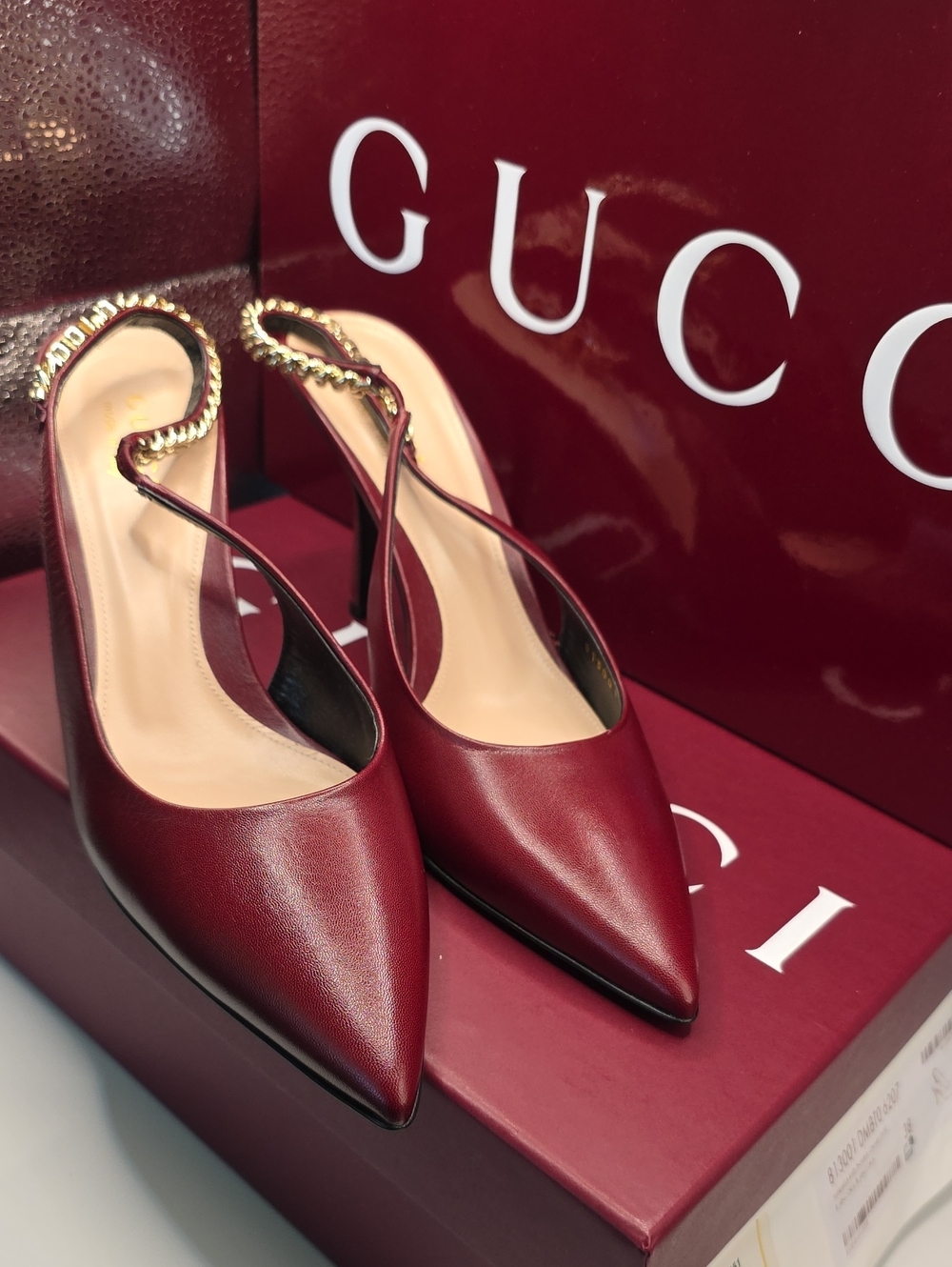 Gucci Burgundy Leather Pointed Slingback Pumps with Gold Chain